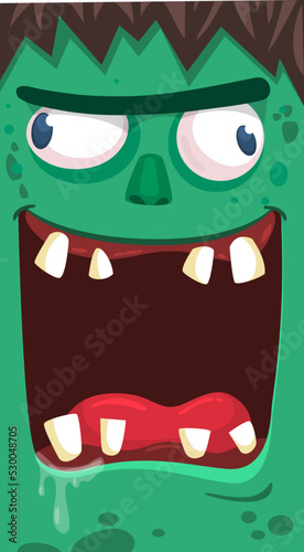 Cartoon angry zombie face avatar. Halloween vector illustration of funny zombie moaning with wide open mouth full of teeth. Great for decoration or package design.