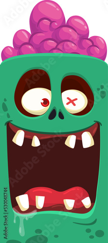 Cartoon angry zombie face avatar. Halloween vector illustration of funny zombie moaning with wide open mouth full of teeth. Great for decoration or package design.