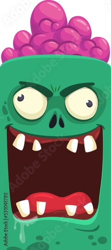 Cartoon angry zombie face avatar. Halloween vector illustration of funny zombie moaning with wide open mouth full of teeth. Great for decoration or package design.