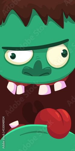 Cartoon angry zombie face avatar. Halloween vector illustration of funny zombie moaning with wide open mouth full of teeth. Great for decoration or package design.