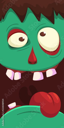 Cartoon angry zombie face avatar. Halloween vector illustration of funny zombie moaning with wide open mouth full of teeth. Great for decoration or package design.