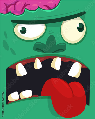 Cartoon angry zombie face avatar. Halloween vector illustration of funny zombie moaning with wide open mouth full of teeth. Great for decoration or package design.