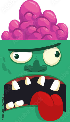 Cartoon angry zombie face avatar. Halloween vector illustration of funny zombie moaning with wide open mouth full of teeth. Great for decoration or package design.