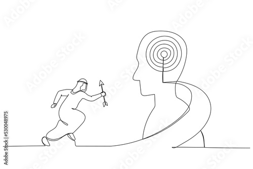 Illustration of arab businessman hold arrow running up stairway to the target on human head. Metaphor for growth, success, target, positioning. Single line art style
