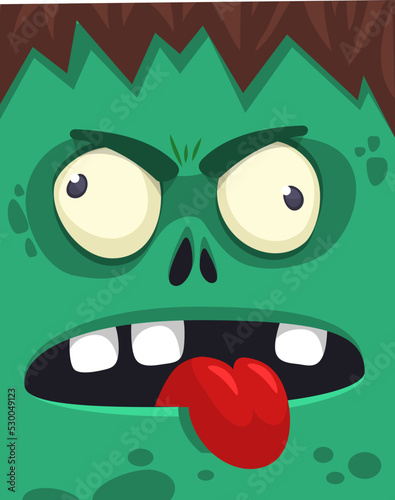 Cartoon angry zombie face avatar. Halloween vector illustration of funny zombie moaning with wide open mouth full of teeth. Great for decoration or package design.