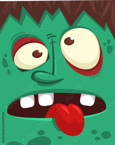 Cartoon angry zombie face avatar. Halloween vector illustration of funny zombie moaning with wide open mouth full of teeth. Great for decoration or package design.