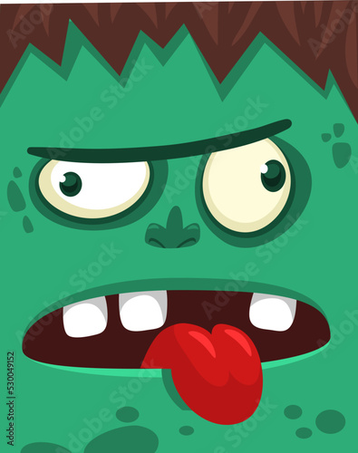 Cartoon angry zombie face avatar. Halloween vector illustration of funny zombie moaning with wide open mouth full of teeth. Great for decoration or package design.