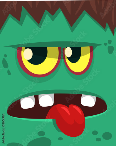 Cartoon angry zombie face avatar. Halloween vector illustration of funny zombie moaning with wide open mouth full of teeth. Great for decoration or package design.