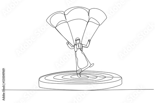 Cartoon of arab businessman focused on a target with parachute. One line art style