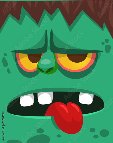 Cartoon angry zombie face avatar. Halloween vector illustration of funny zombie moaning with wide open mouth full of teeth. Great for decoration or package design.