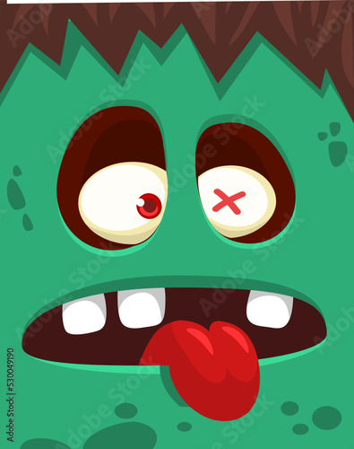 Cartoon angry zombie face avatar. Halloween vector illustration of funny zombie moaning with wide open mouth full of teeth. Great for decoration or package design.