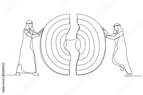 Illustration of arab businessmen pushing a pieces of big target together. Metaphor for business teamwork. Single continuous line art style