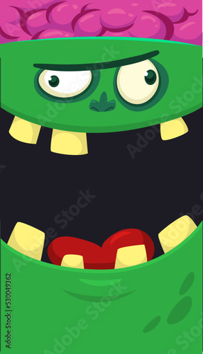 Cartoon angry zombie face avatar. Halloween vector illustration of funny zombie moaning with wide open mouth full of teeth. Great for decoration or package design.