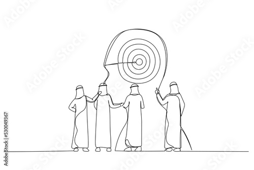 Drawing of arab business man target customer and develop marketing strategy. Metaphor for data analysis. Continuous line art