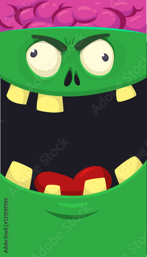 Cartoon angry zombie face avatar. Halloween vector illustration of funny zombie moaning with wide open mouth full of teeth. Great for decoration or package design.