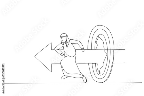 Drawing of arab businessman like superhero running and breaking target archery. Metaphor of success goal and success. Continuous line art style