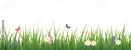 Seamless green grass border with colorful butterflies and different flowers flat style