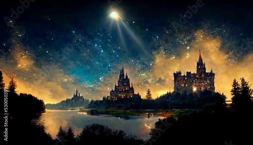 Print op canvas Nighttime, blue and black sky, many realistic stars, tall fantasy castle, styliz