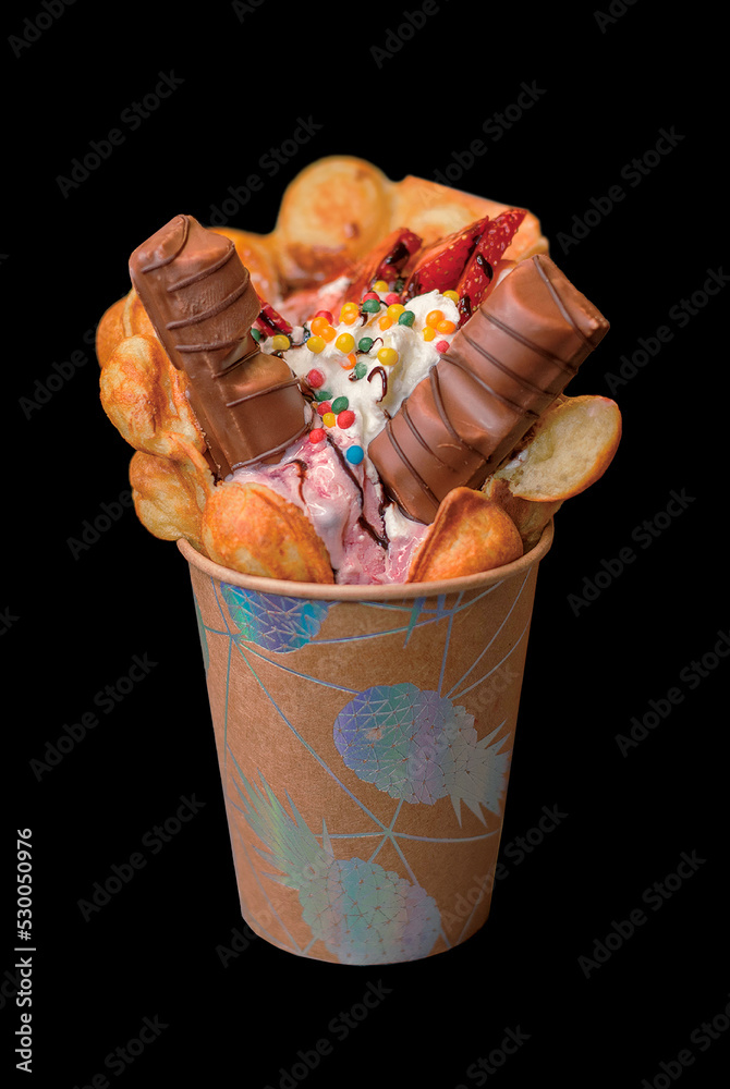 Bubble Waffle with Strawberry, Ice Cream, Candies And Chocolate Bubble Waffle with Strawberry, Ice Cream, Candies And Chocolate