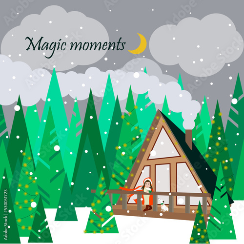 Merry Christmas and Happy New Year!Vector illustration with congratulations for the coming year,snowy winter forest landscape, a girl with a dog drinking tea on the terrace of a forest hut.