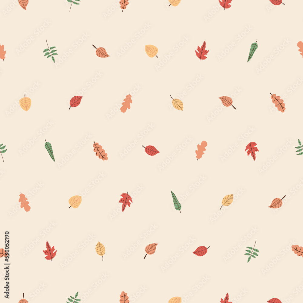 Vector seamless pattern with bright autumn leaves on beige background. For fall decoration and print, autumn fest invitations, fabric, gift and wrapping paper.