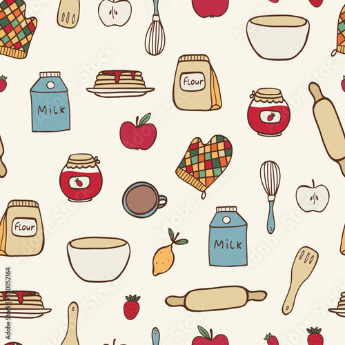 Vector seamless pattern with hand drawn food and kitchen items in cute style. For feast invitation, fabric, kitchen textile, towel print, cover of cooking book, packaging design, template labels.