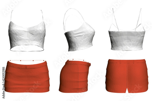 Fotografia Set with a polygonal model of a white women's crop top with a red short skirt isolated on a white background