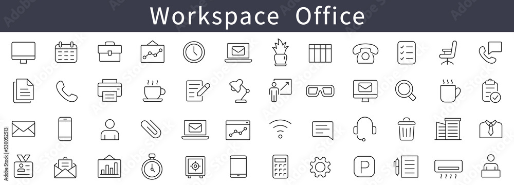 Office icons set. Workspace icons set. Office thin line icons