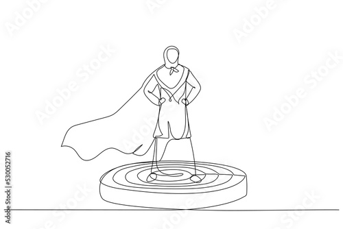 Cartoon of muslim businesswoman superhero leader on podium, standing proud and strong. Metaphor for muslim business womanagement and boss. Single line art style photo