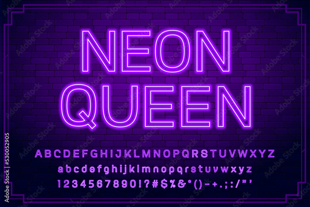 Bright Neon Alphabet Letters, Numbers and Symbols Sign in Vector. Night ...