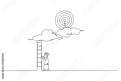 Illustration of hopelessness muslim businesswoman with too short ladder cannot reach target. Metaphor for mistake and error causing business problem. Single line art style