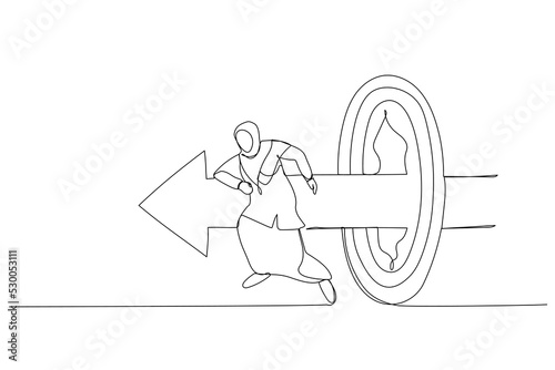Illustration of muslim businesswoman like superhero running and breaking target archery. Metaphor of success goal and success. Single line art style