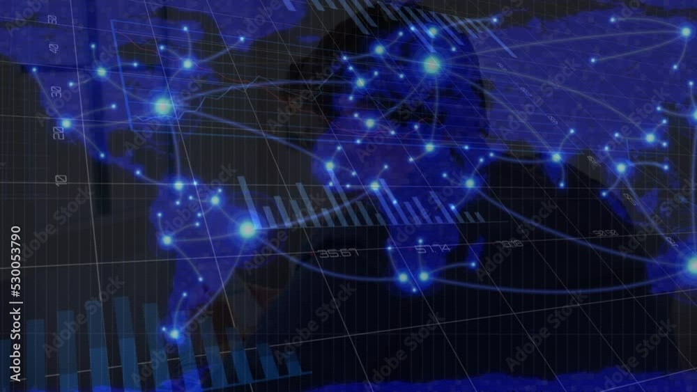 Animation of blue light trails over world map and statistical data processing on black background Animation of blue light trails over world map and statistical data processing on black background