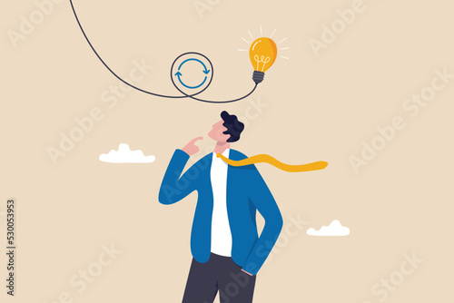 Rethink or think again to make change for better result, thinking new way to solve problem or make decisions, innovation idea to disruption concept, smart businessman rethink with lightbulb idea.