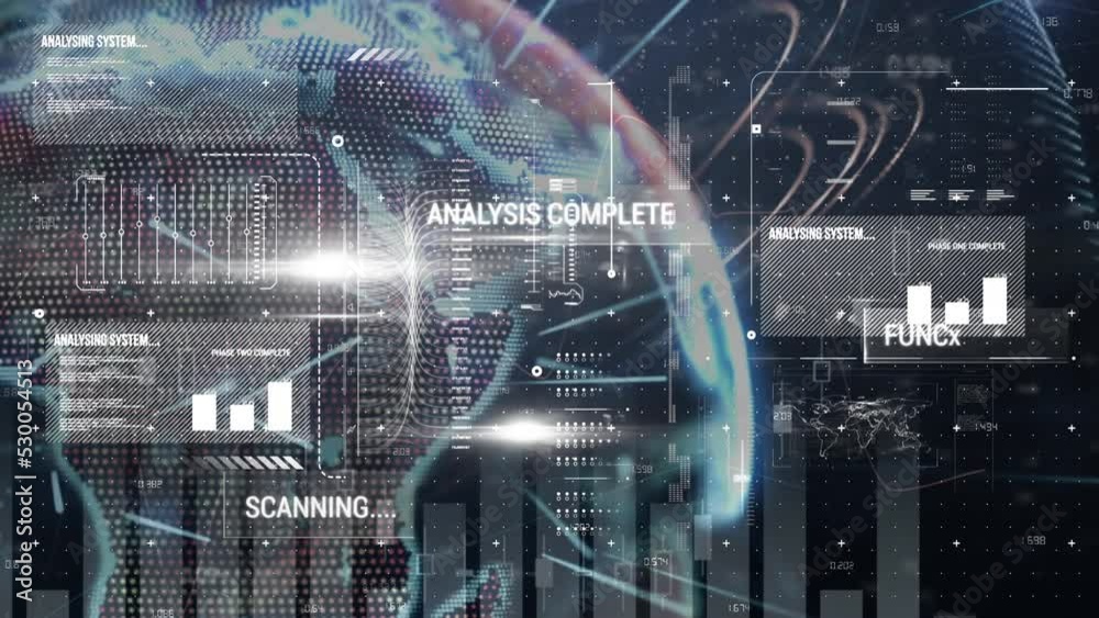 Animation of digital interface with data processing over spinning globe against blue background Animation of digital interface with data processing over spinning globe against blue background