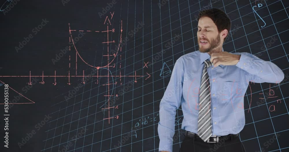 Animation of mathematical equations over grid network against caucasian businessman removing his tie Animation of mathematical equations over grid network against caucasian businessman removing his tie