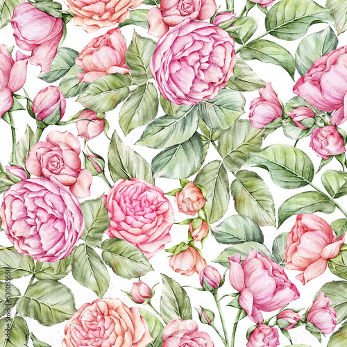 Watercolor Roses Floral Seamless Pattern