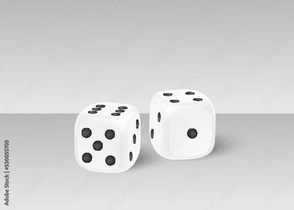 Two white cubic realistic dices with black numbers of dots lying on gray surface Two white cubic realistic dices with black numbers of dots lying on gray surface