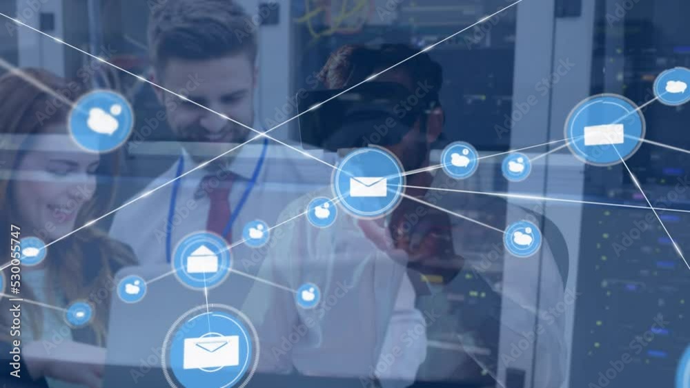 Animation of network of digital icons over caucasian man wearing vr headset at office Animation of network of digital icons over caucasian man wearing vr headset at office