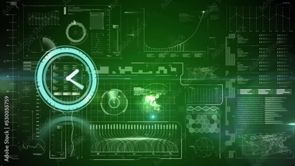 Animation of neon ticking clock over digital interface with data processing against green background