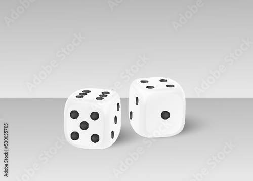 Two white cubic realistic dices with black numbers of dots lying on gray surface