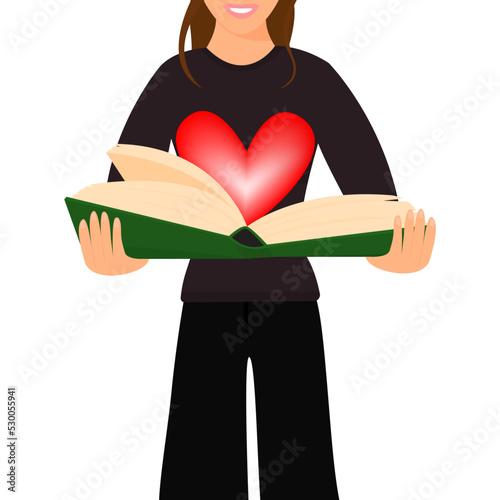 Teacher's Day and Literacy Day. The concept of literature and education. A woman holds an open book and gets pleasure and love from knowledge. Vector illustration in a flat style