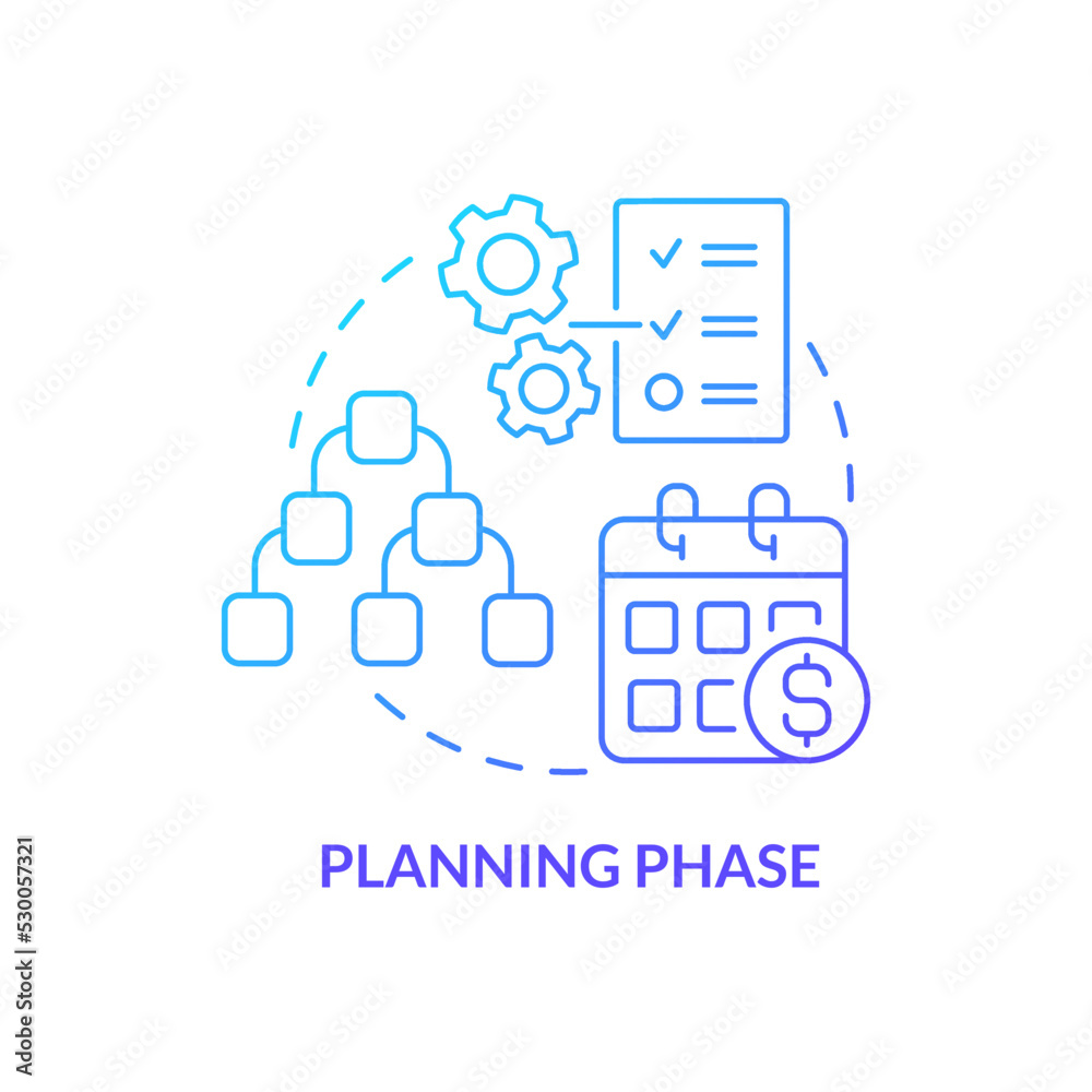 Planning phase blue gradient concept icon. Build work strategy. Choose priority. Project management abstract idea thin line illustration. Isolated outline drawing. Myriad Pro-Bold font used