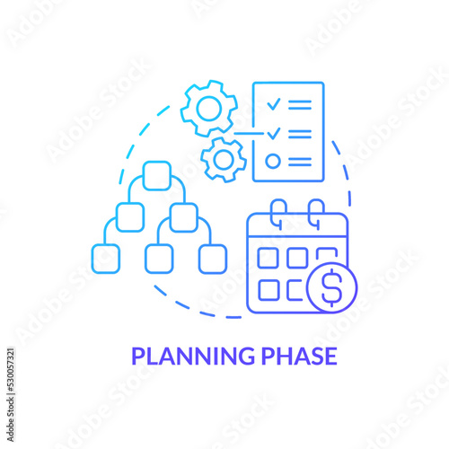 Planning phase blue gradient concept icon. Build work strategy. Choose priority. Project management abstract idea thin line illustration. Isolated outline drawing. Myriad Pro-Bold font used