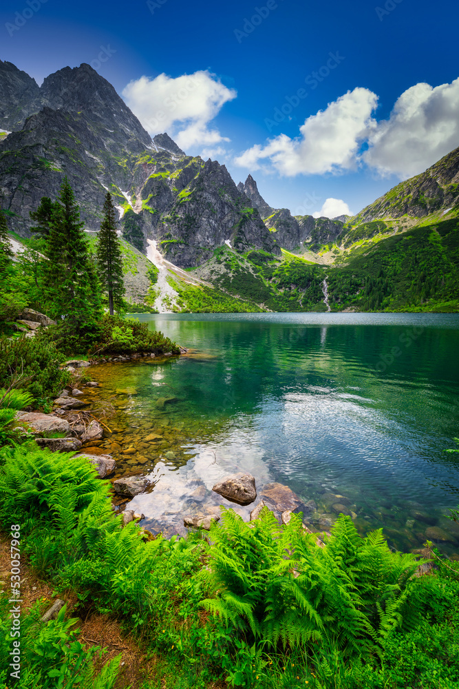 Amazing landscape of the Eye of the Sea Lake in Tatra Mountains, Poland - obrazy, fototapety, plakaty 