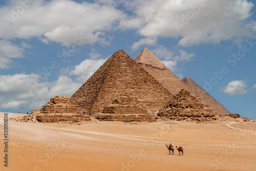 Panoramic view of the pyramids of Micerino, Kefren and Cheops. photo