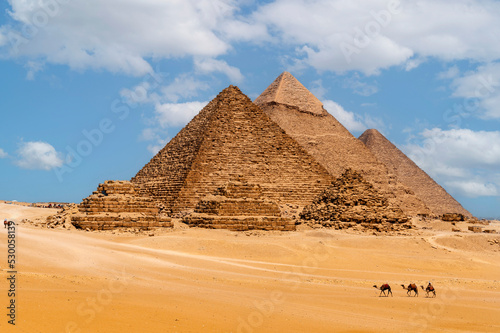 Panoramic view of the pyramids of Micerino, Kefren and Cheops.