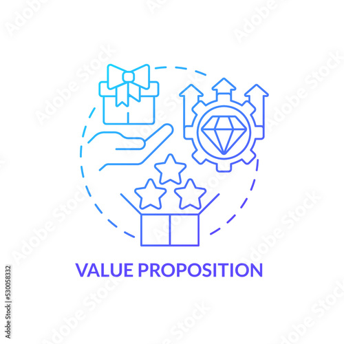Value proposition blue gradient concept icon. Product management tool. Business model canvas abstract idea thin line illustration. Isolated outline drawing. Myriad Pro-Bold font used
