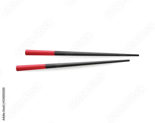 Black realistic pair of chopsticks with red tips, vector illustration