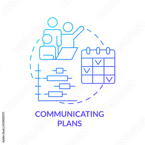 Communicating plans blue gradient concept icon. Developing working strategy. Product management abstract idea thin line illustration. Isolated outline drawing. Myriad Pro-Bold font used